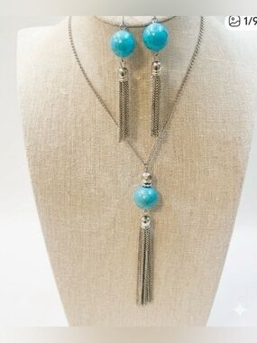 Turquoise & Silver Tassel Jewelry Set - Necklace & Earrings